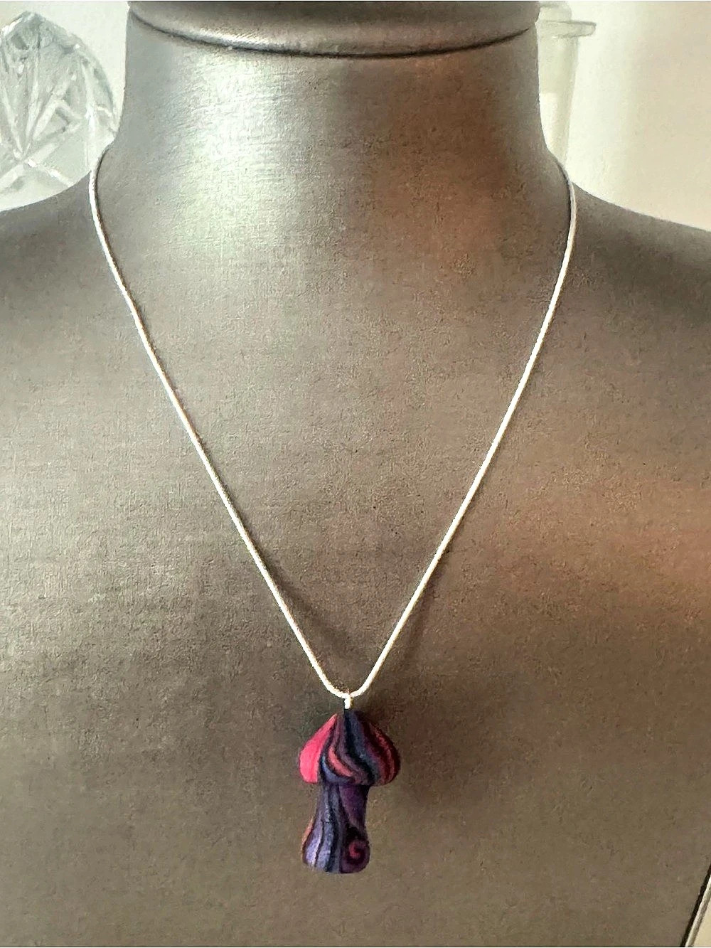 Purple & Pink mushroom Pendant Necklace with sterling silver chain